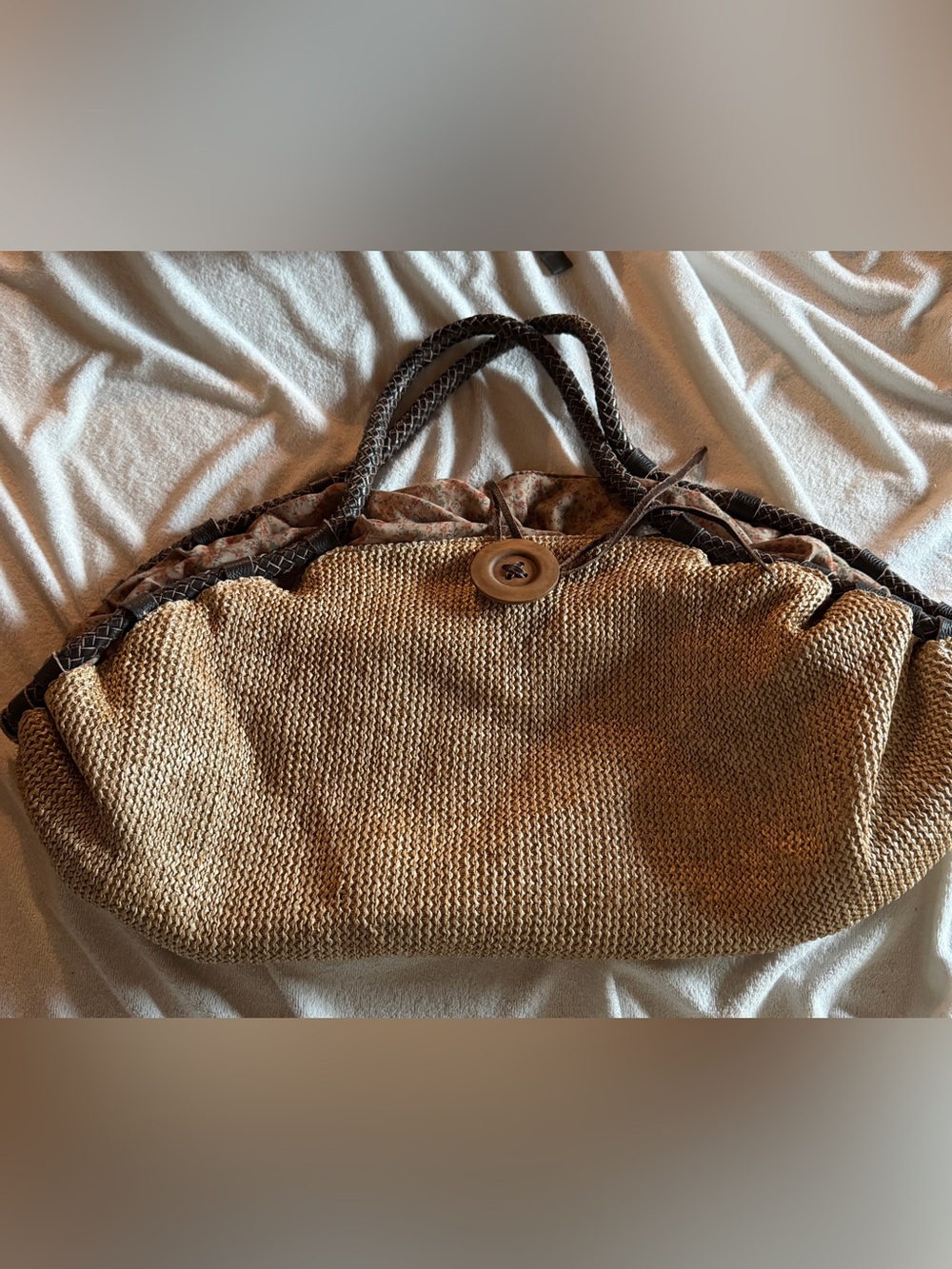 Nila Anthony Woven Straw Tote Bag with Brown Trim and Floral Lining